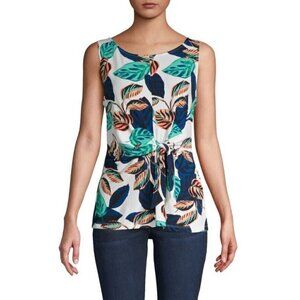 Donna Karan Sz L Tropical Hawaiian Print Knotted Front Tank Top Slinky Knit